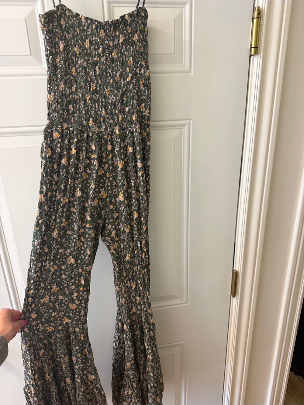 Smocked Strapless Floral Wide-Leg Jumpsuit - Olive Floral